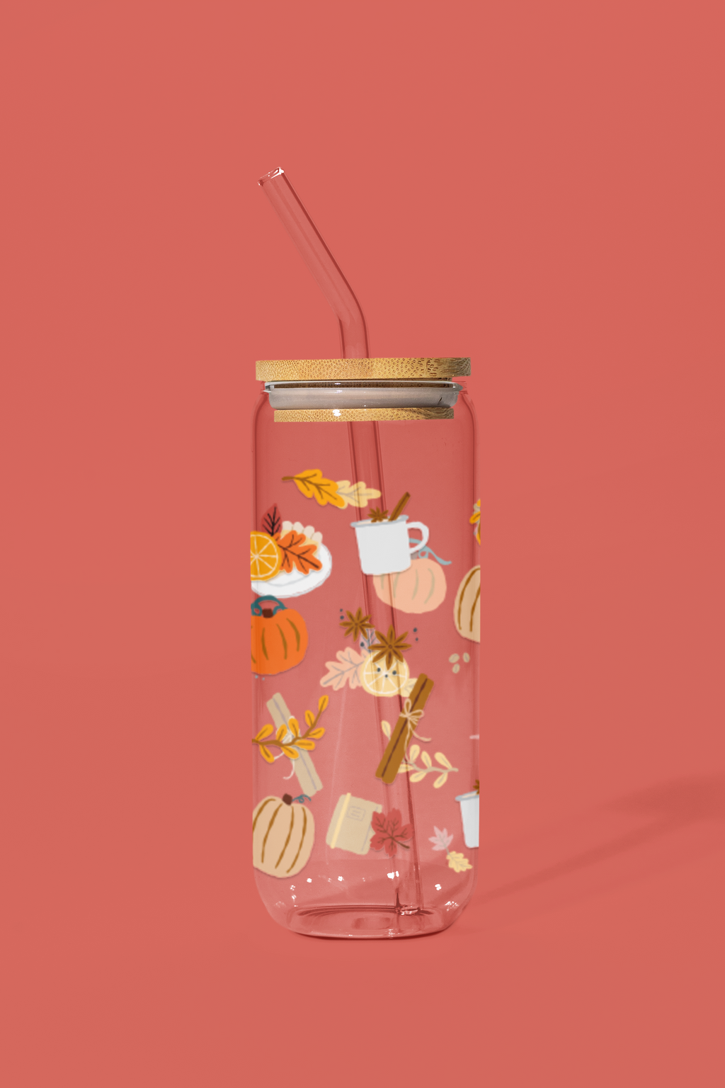 20 oz Fall Autumn Glass Cup with Bamboo Lid and Straw
