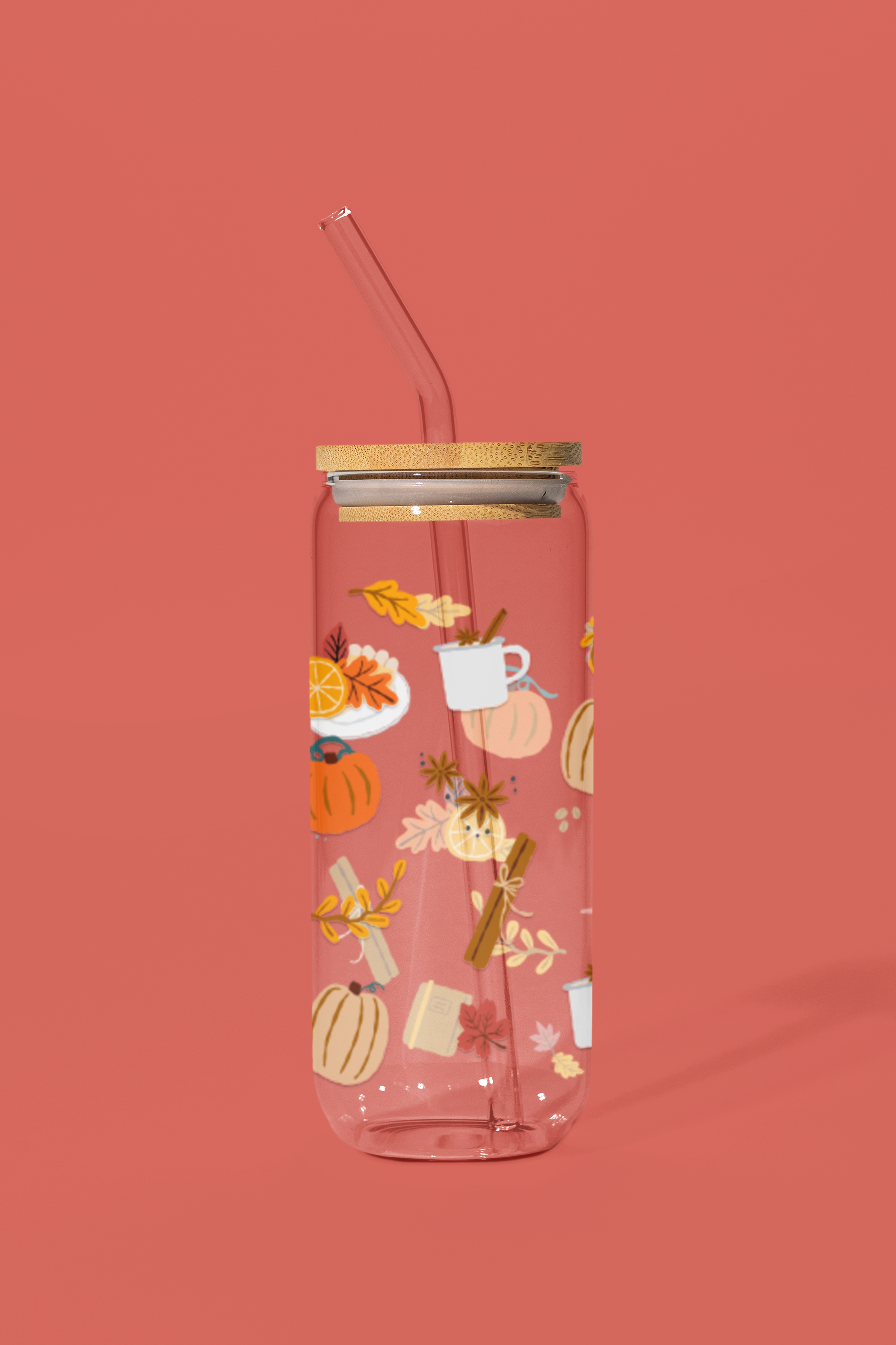 20 oz Fall Autumn Glass Cup with Bamboo Lid and Straw