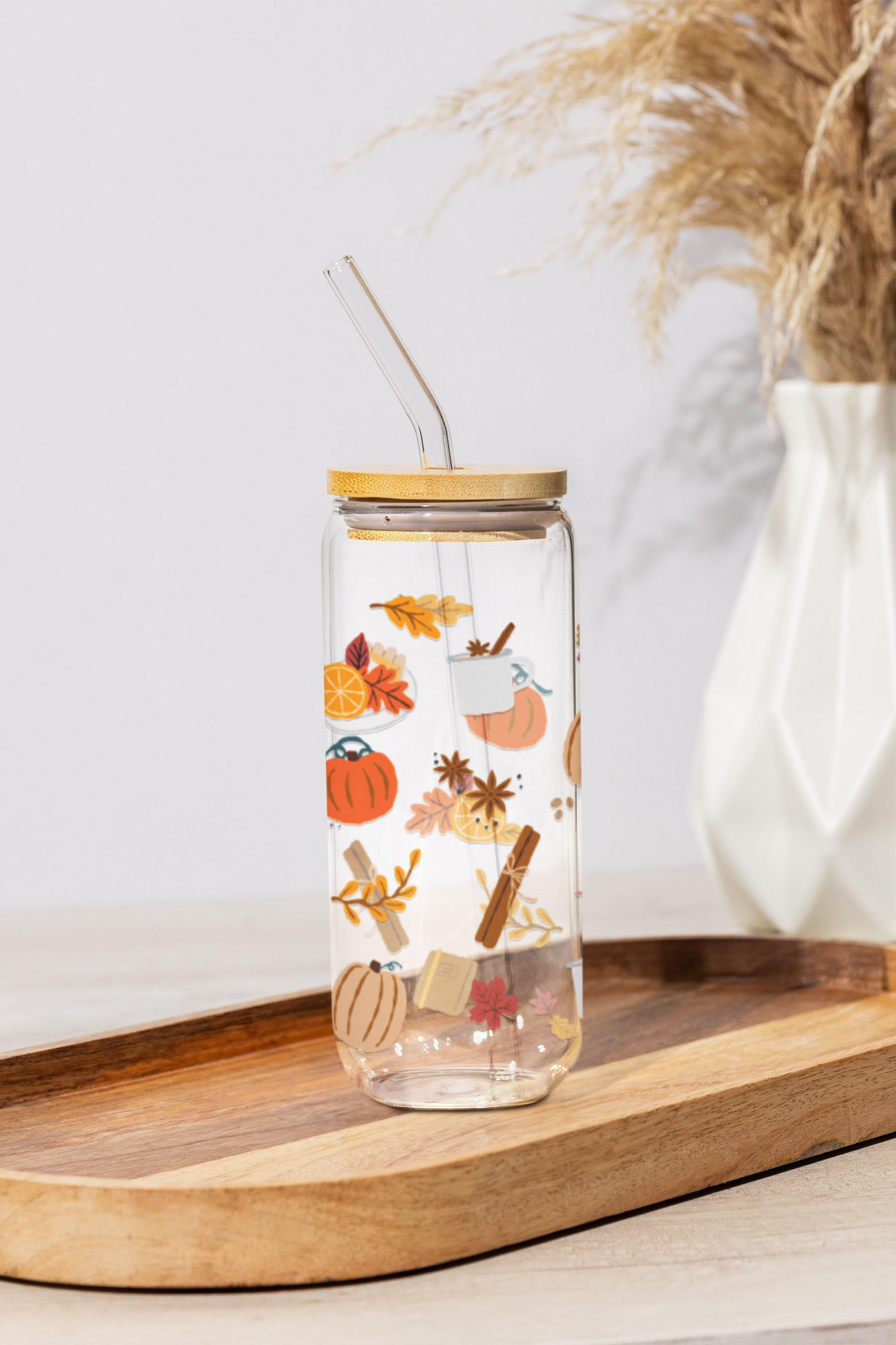 20 oz Fall Autumn Glass Cup with Bamboo Lid and Straw