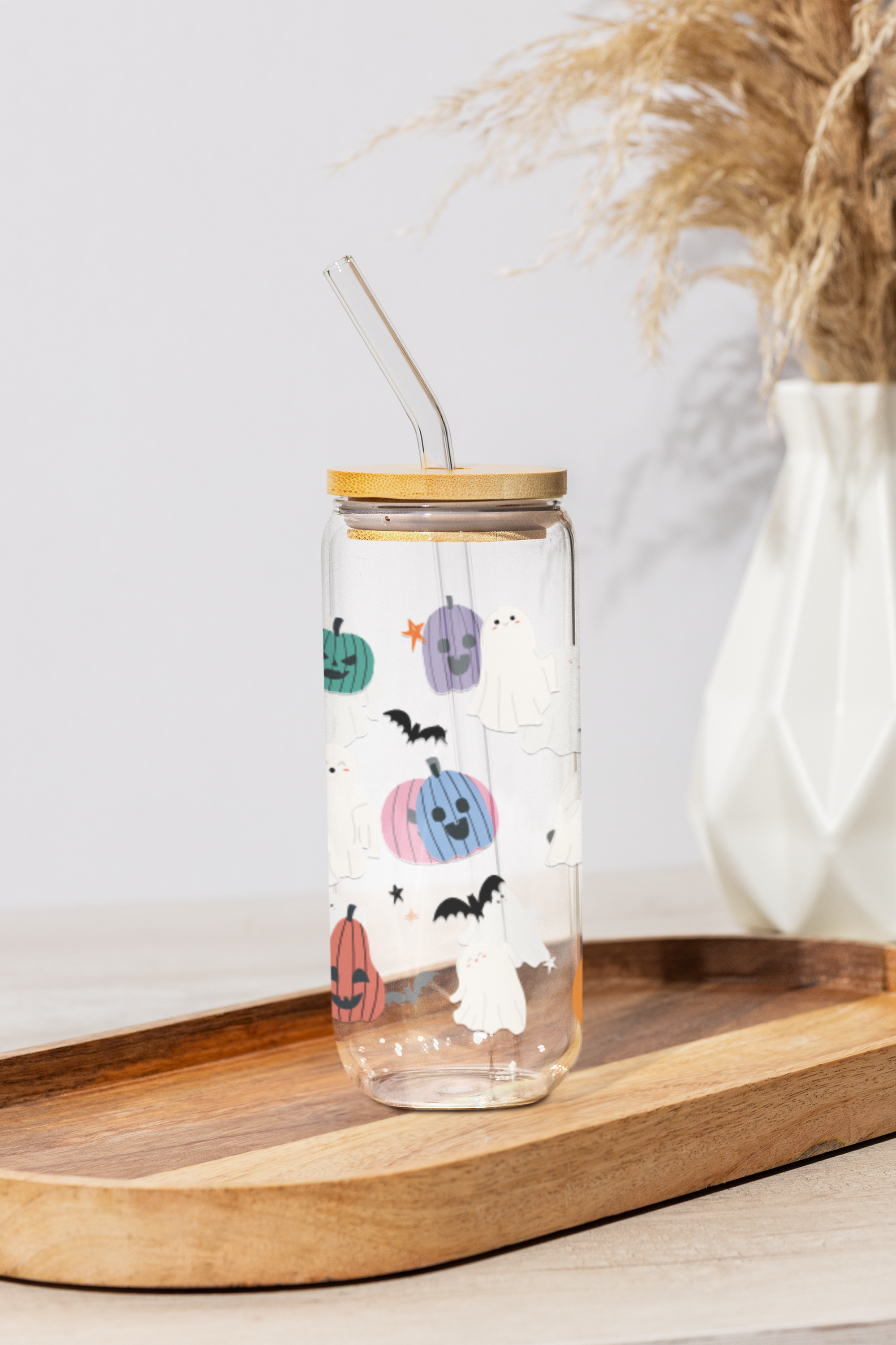 20 oz Halloween Ghost and Cute Pumpkin Glass Cup with Bamboo Lid and Straw